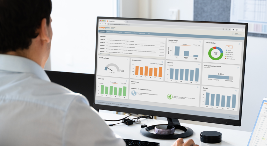 Person viewing ChargePoint analytics dashboards on computer screen